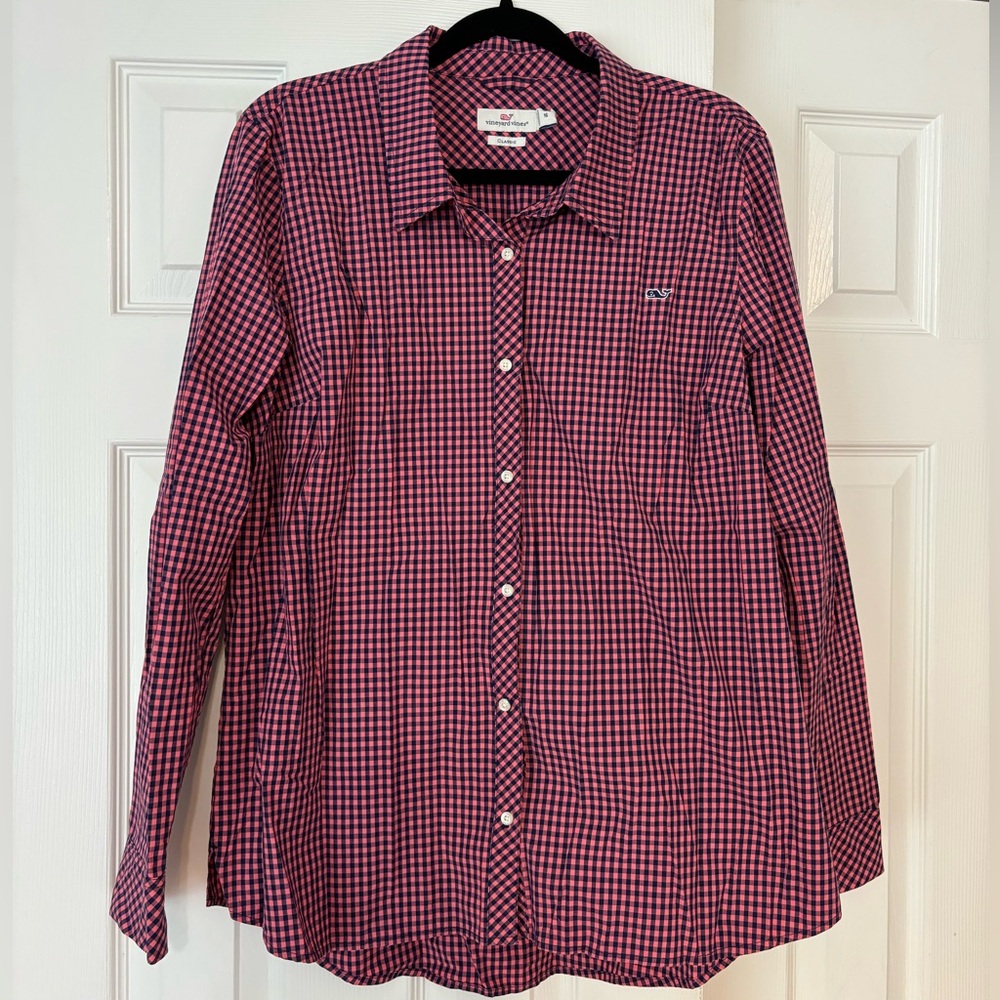 Vineyard Vines Navy and Pink Gingham Classic Button Down Shirt Size 16